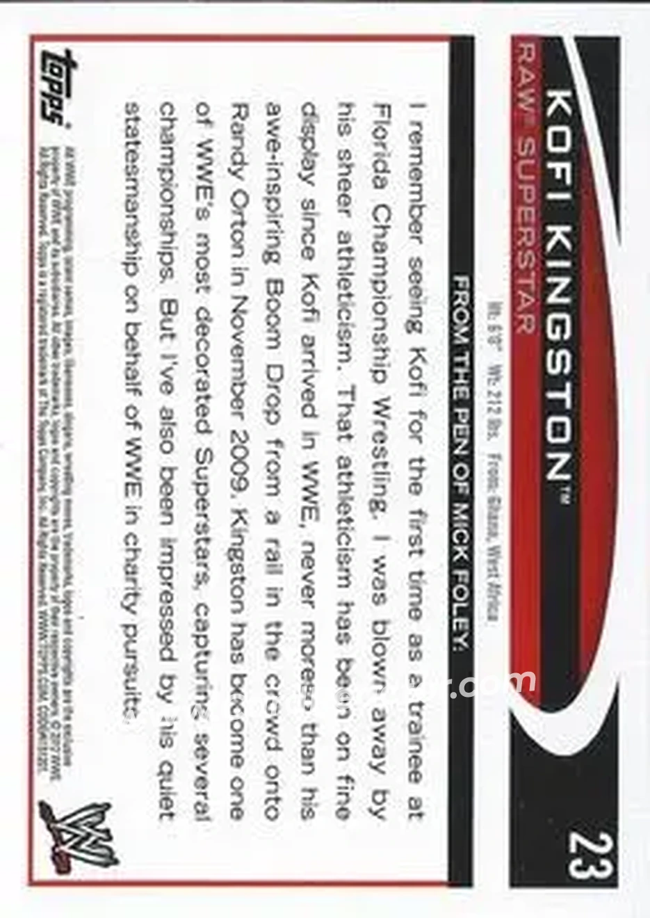 2012 Topps WWE #23 - Kofi Kingston - Back