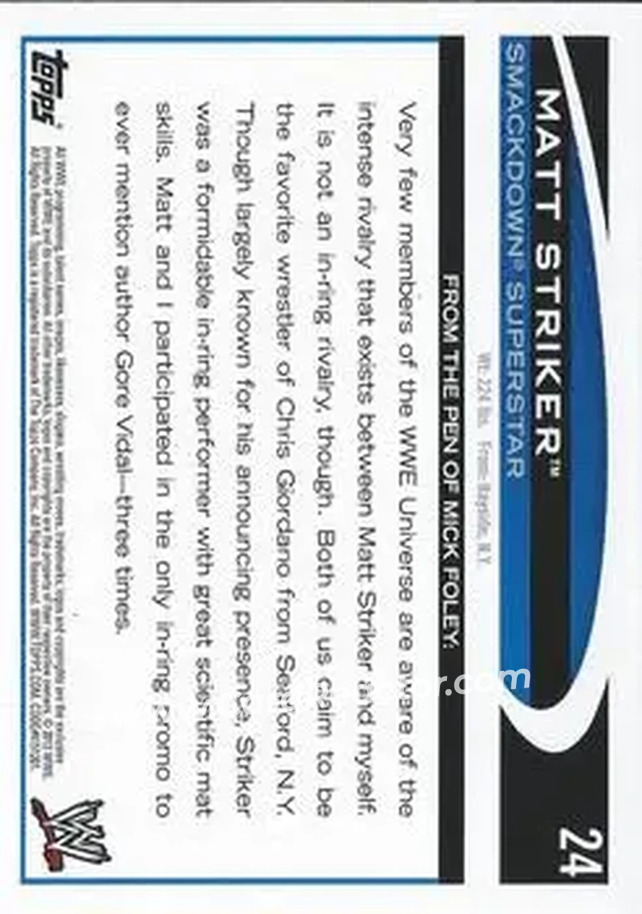 2012 Topps WWE #24 - Matt Striker - Back