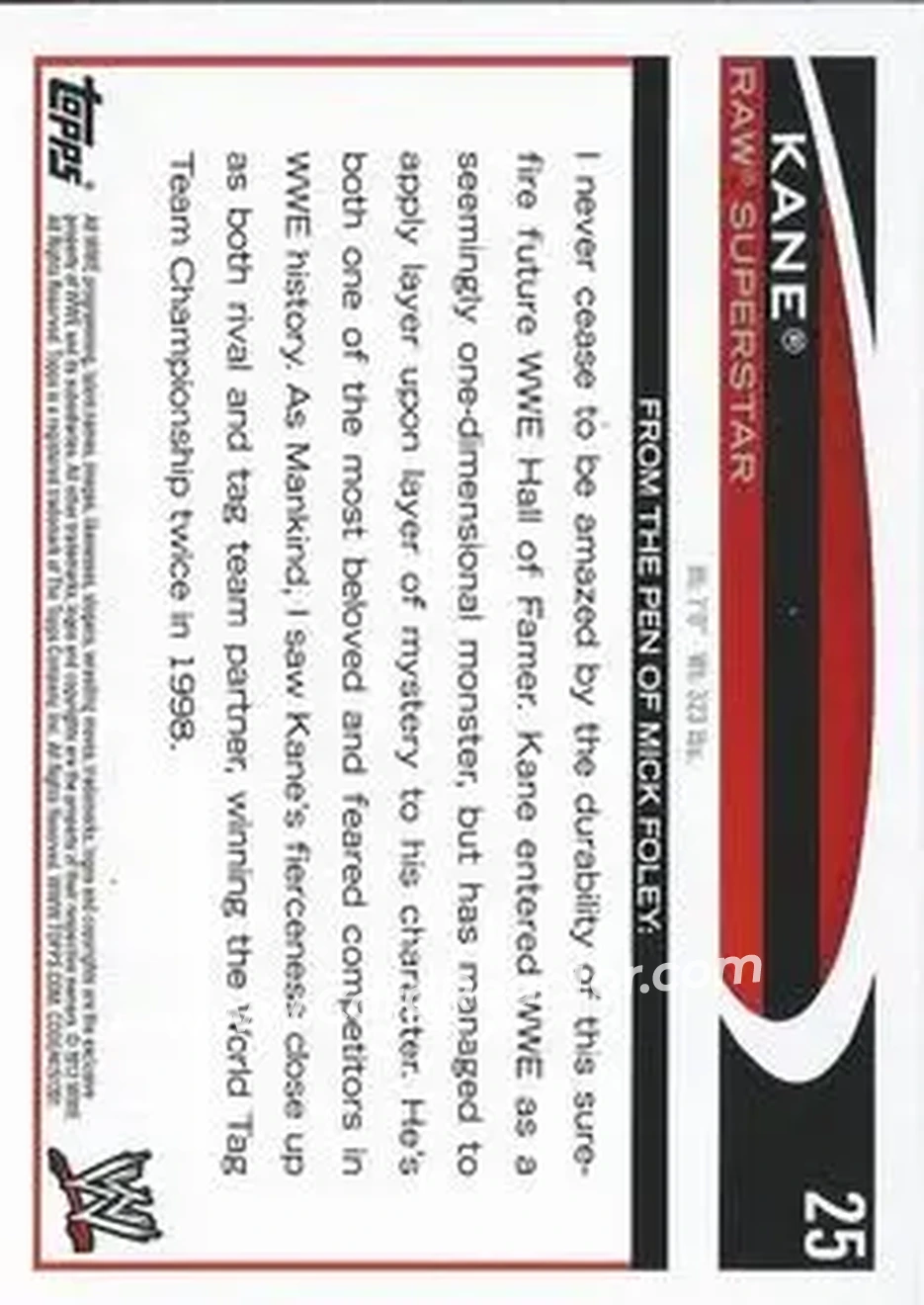 2012 Topps WWE #25 - Kane - Back