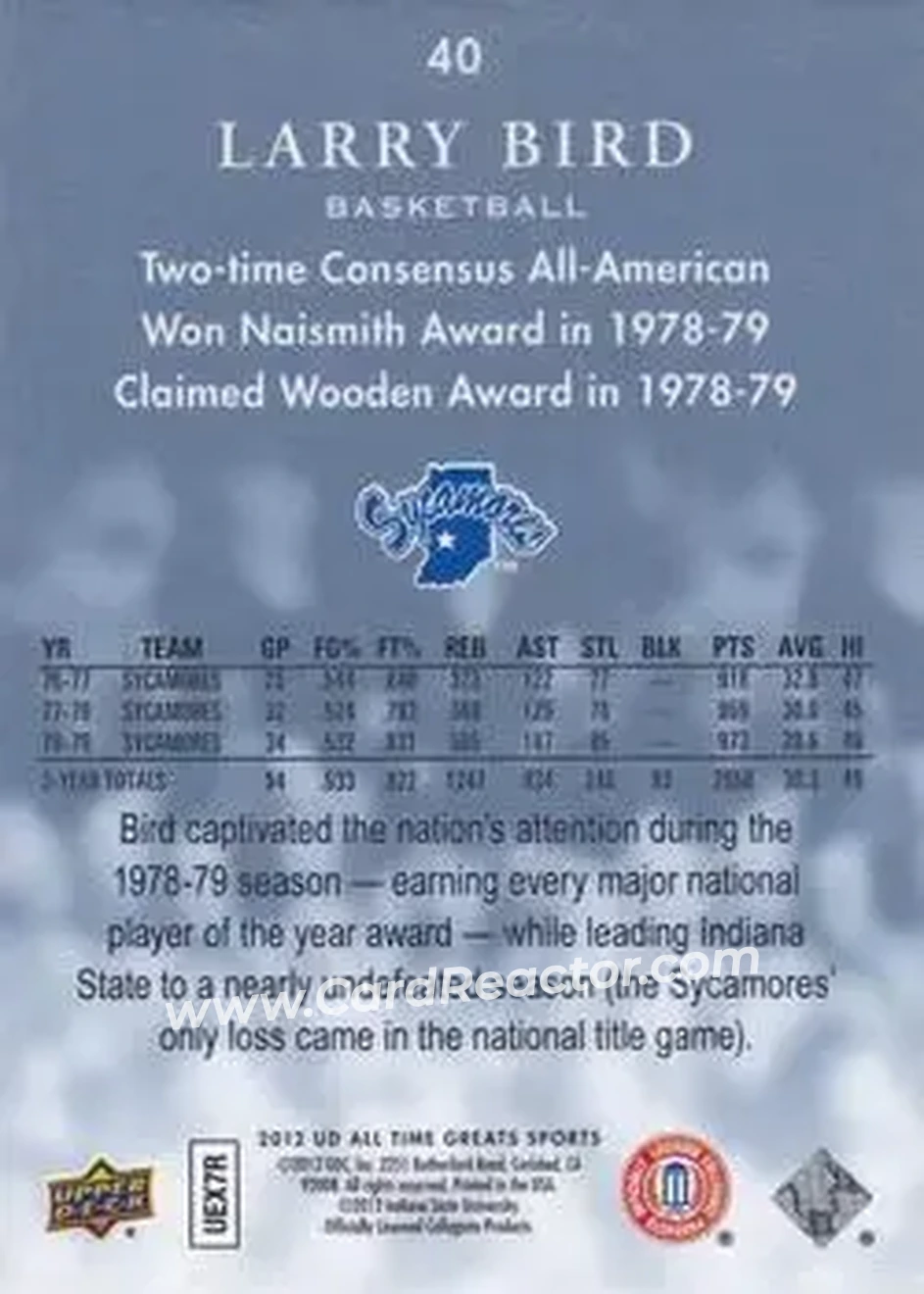 2012 Upper Deck All-Time Greats - Platinum #40 - Larry Bird - Indiana State Sycamores - Back