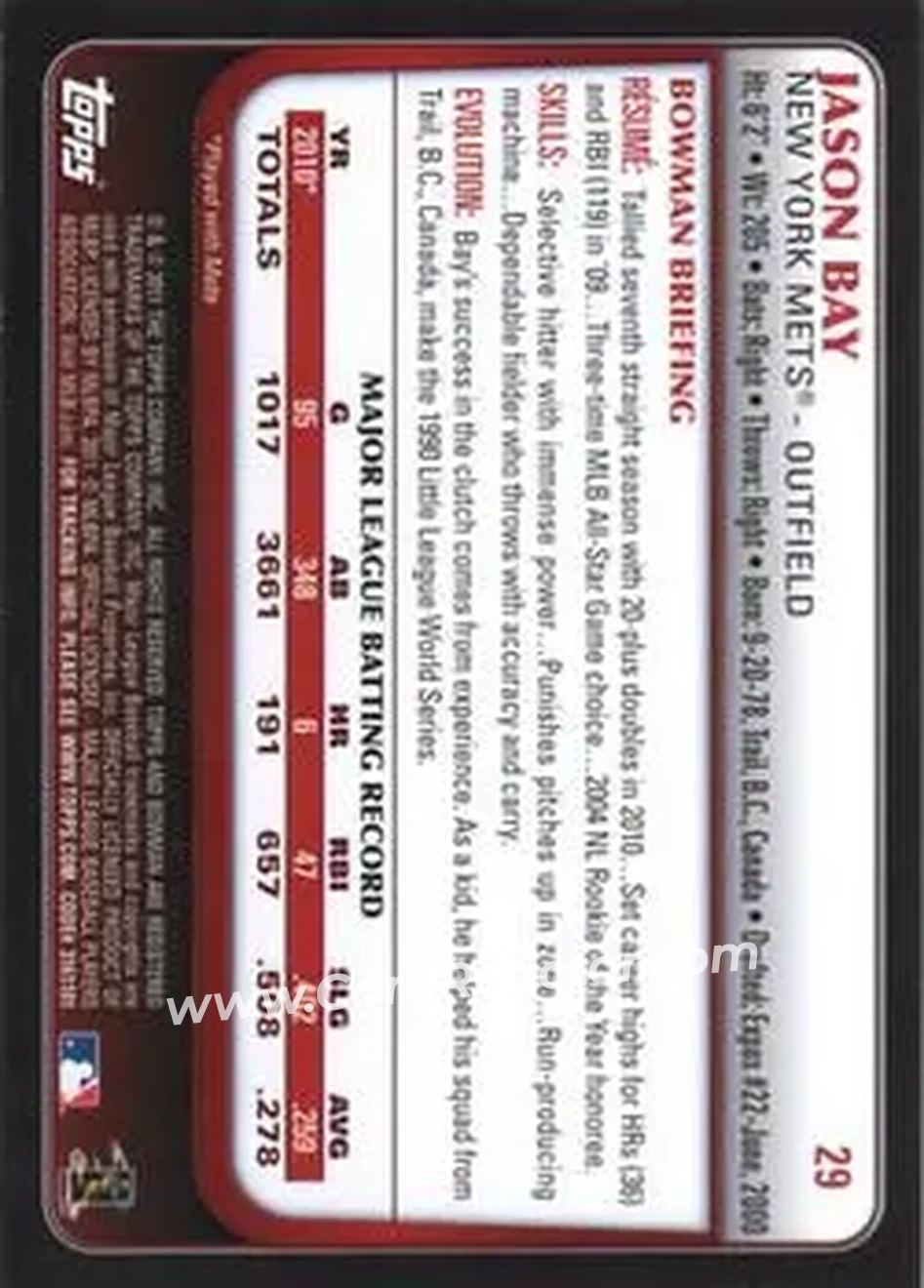 2011 Bowman #29 - Jason Bay - New York Mets - Back
