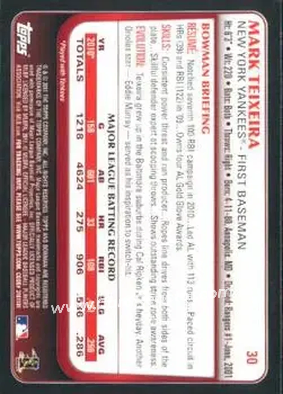2011 Bowman #30 - Mark Teixeira - New York Yankees - Back