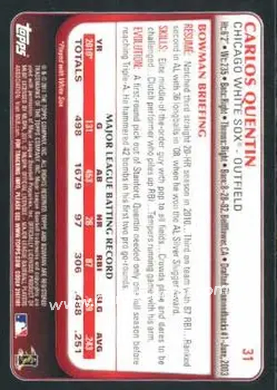 2011 Bowman #31 - Carlos Quentin - Chicago White Sox - Back