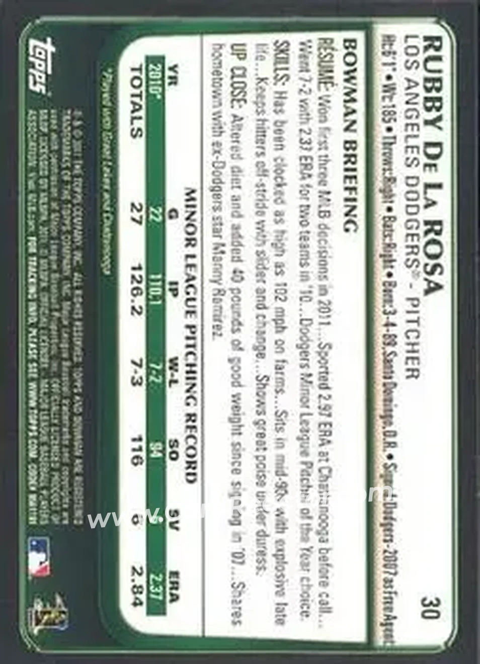 2011 Bowman Draft Picks & Prospects #30 - Rubby De La Rosa - Los Angeles Dodgers - Back
