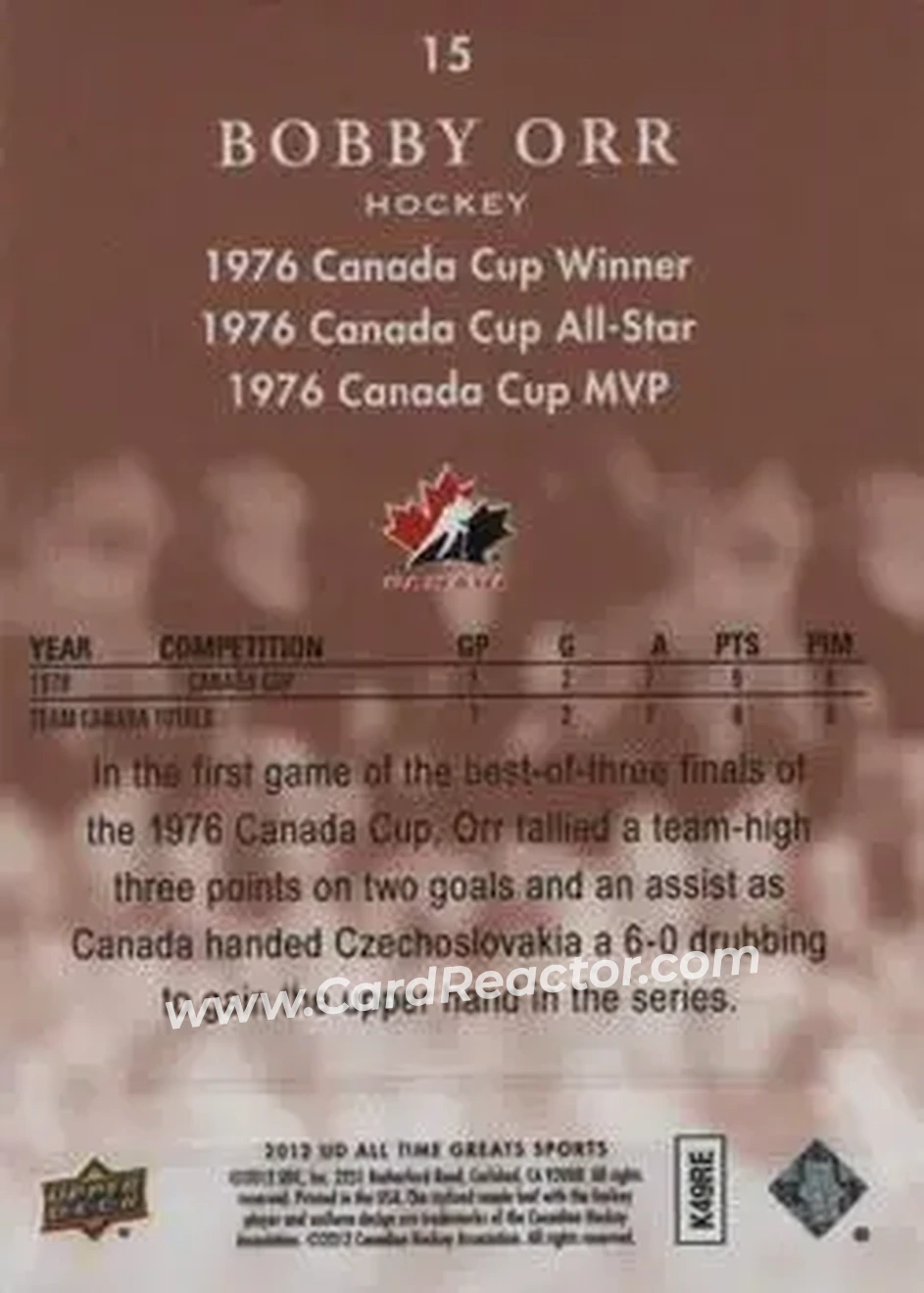2012 Upper Deck All-Time Greats - Bronze #15 - Bobby Orr - Back