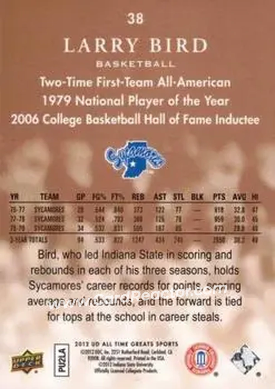 2012 Upper Deck All-Time Greats - Bronze #38 - Larry Bird - Indiana State Sycamores - Back 2012 Upper Deck All-Time Greats - Bronze #38 - Larry Bird - Indiana State Sycamores - Back
