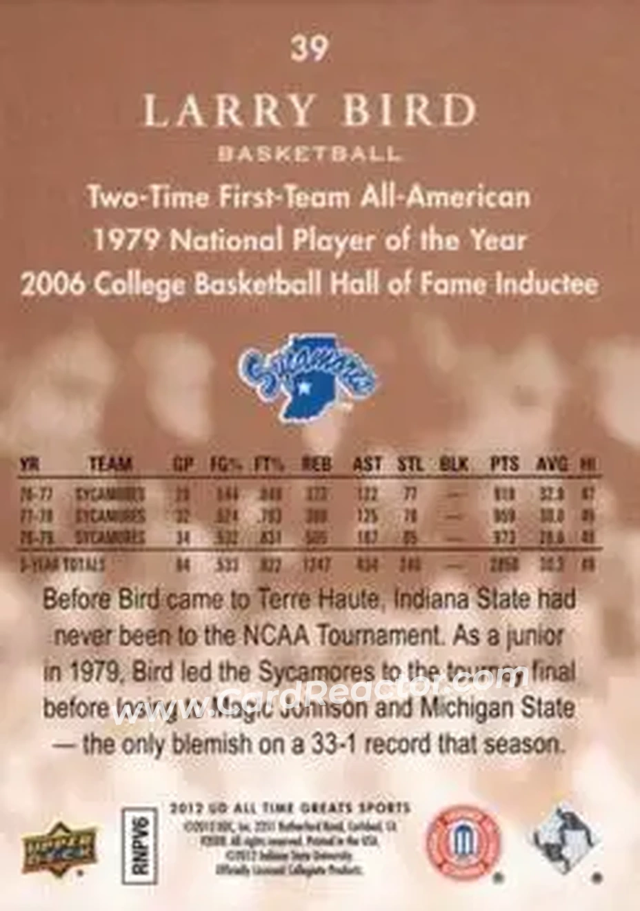 2012 Upper Deck All-Time Greats - Bronze #39 - Larry Bird - Indiana State Sycamores - Back
