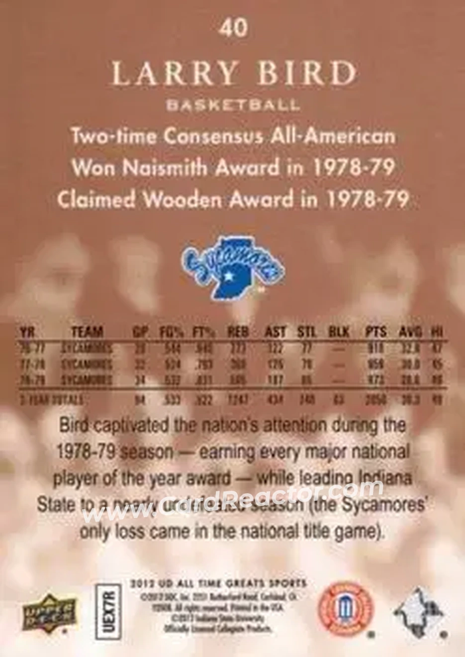 2012 Upper Deck All-Time Greats - Bronze #40 - Larry Bird - Indiana State Sycamores - Back