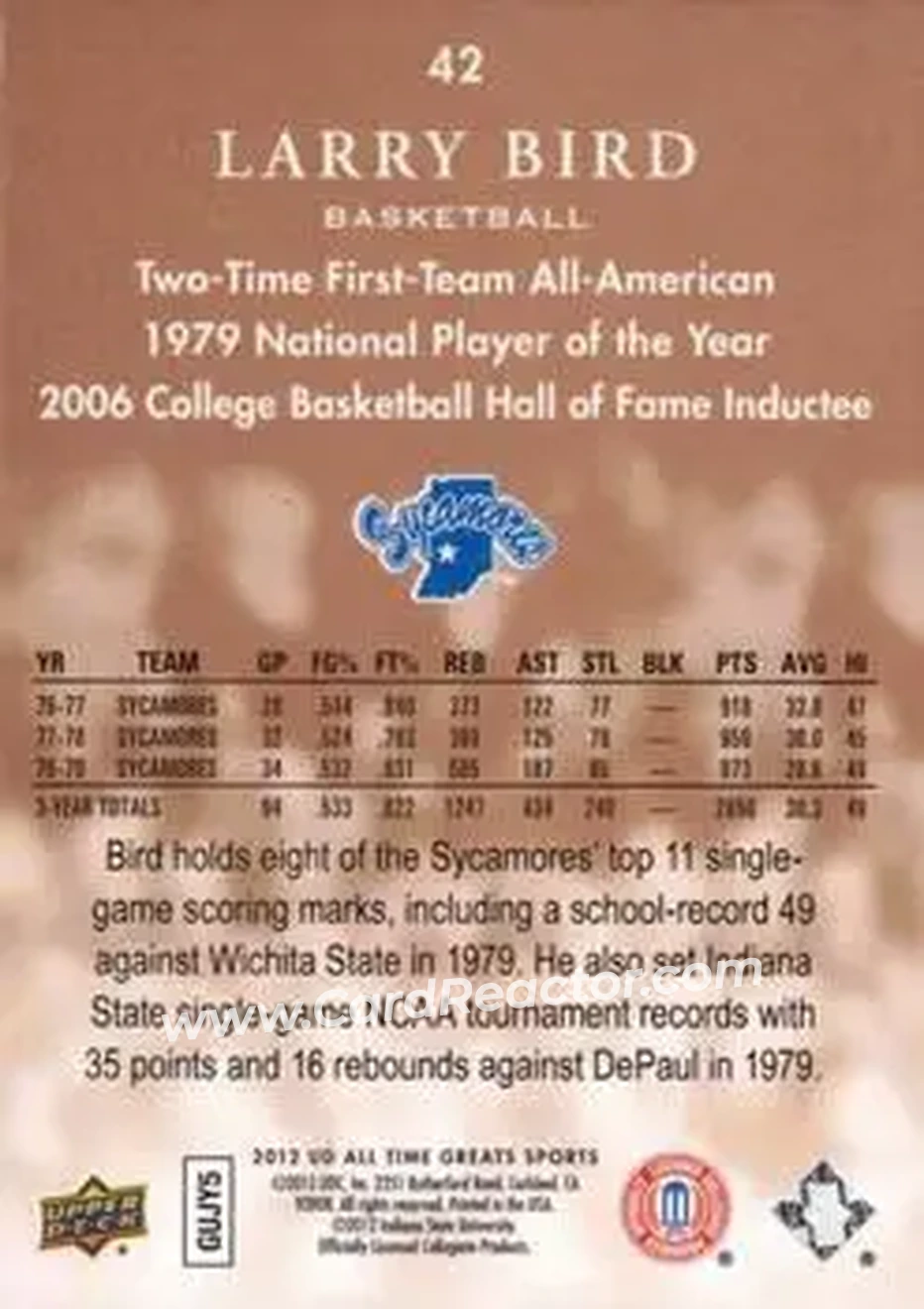 2012 Upper Deck All-Time Greats - Bronze #42 - Larry Bird - Indiana State Sycamores - Back