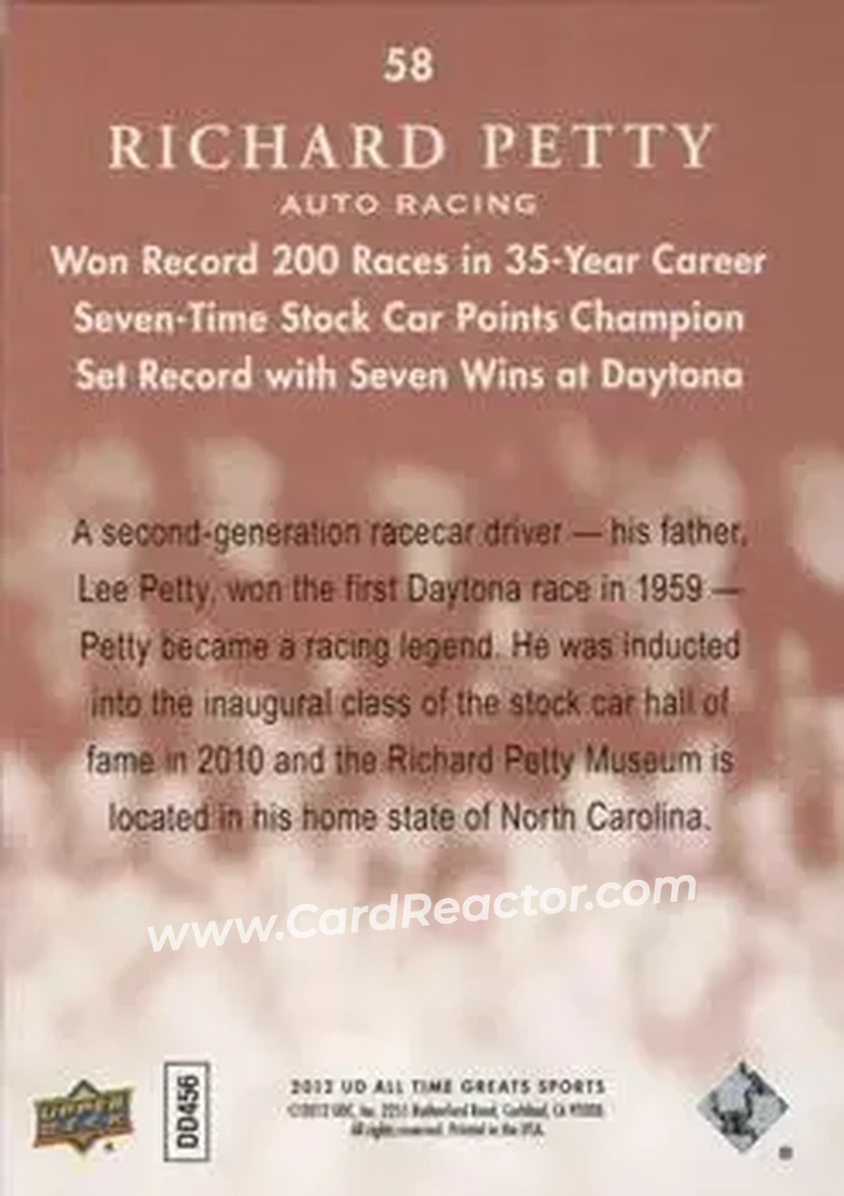 2012 Upper Deck All-Time Greats - Bronze #58 - Richard Petty - Back 2012 Upper Deck All-Time Greats - Bronze #58 - Richard Petty - Back