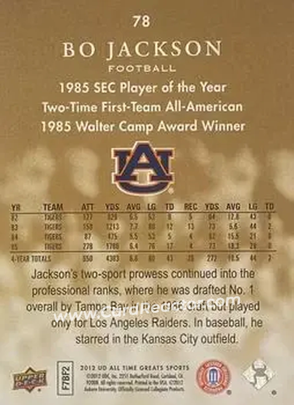 2012 Upper Deck All-Time Greats - Bronze #78 - Bo Jackson - Auburn Tigers - Back