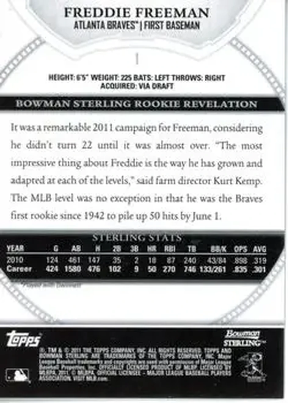 2011 Bowman Sterling #1 - Freddie Freeman - Atlanta Braves - Back
