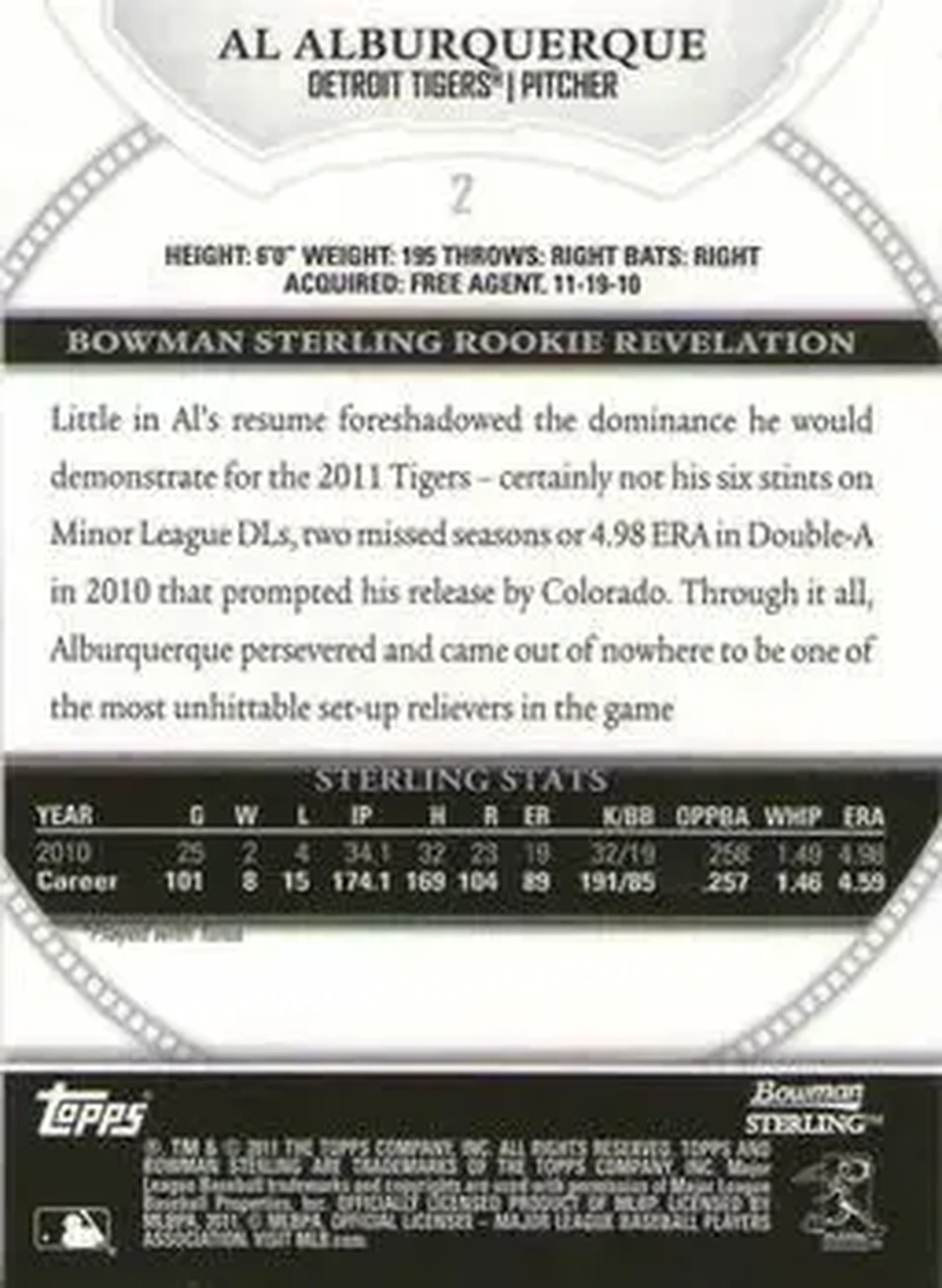 2011 Bowman Sterling #2 - Al Alburquerque - Detroit Tigers - Back