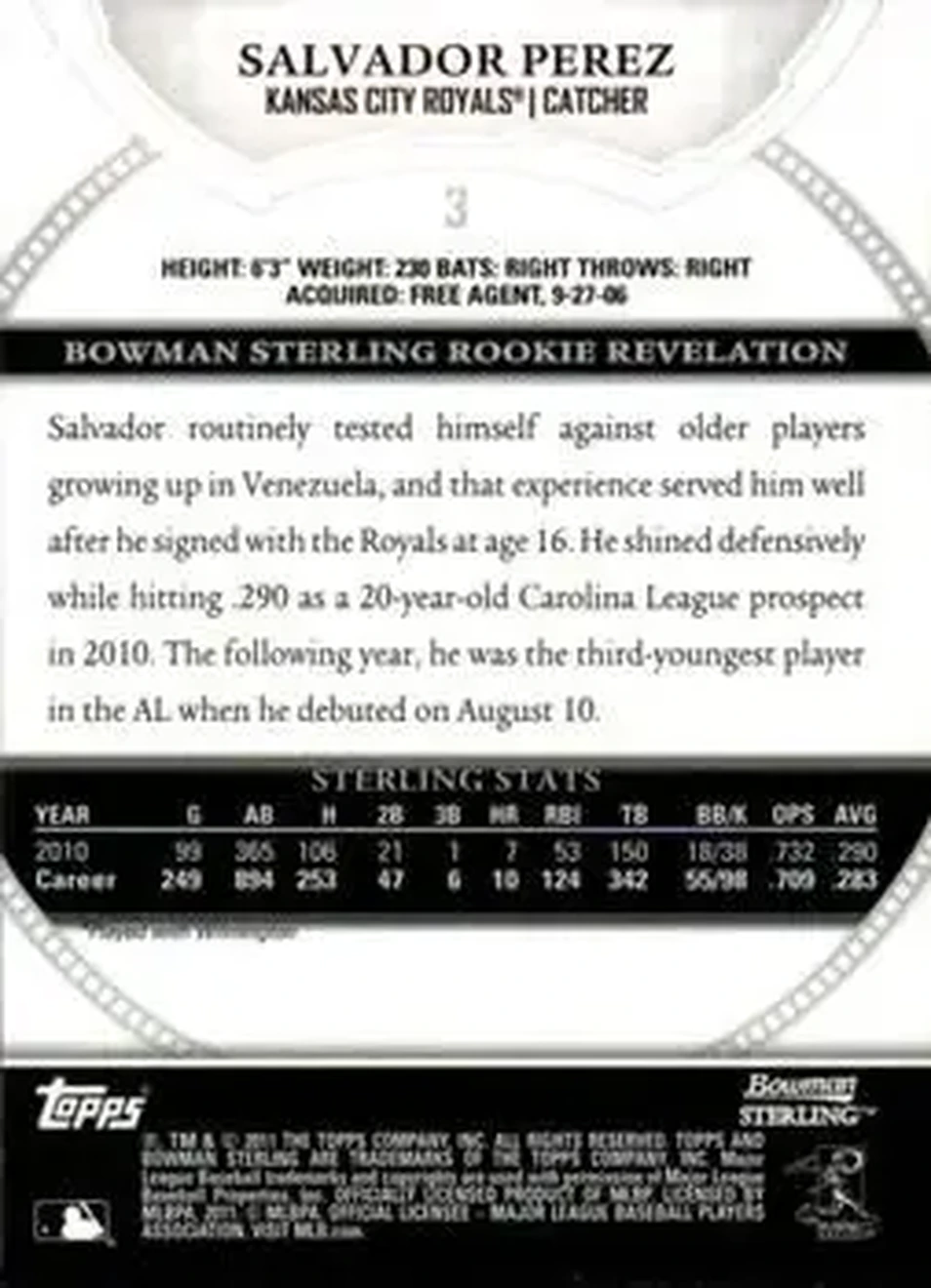 2011 Bowman Sterling #3 - Salvador Perez - Kansas City Royals - Back