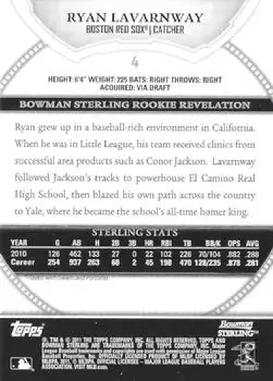 2011 Bowman Sterling #4 - Ryan Lavarnway - Boston Red Sox - Back
