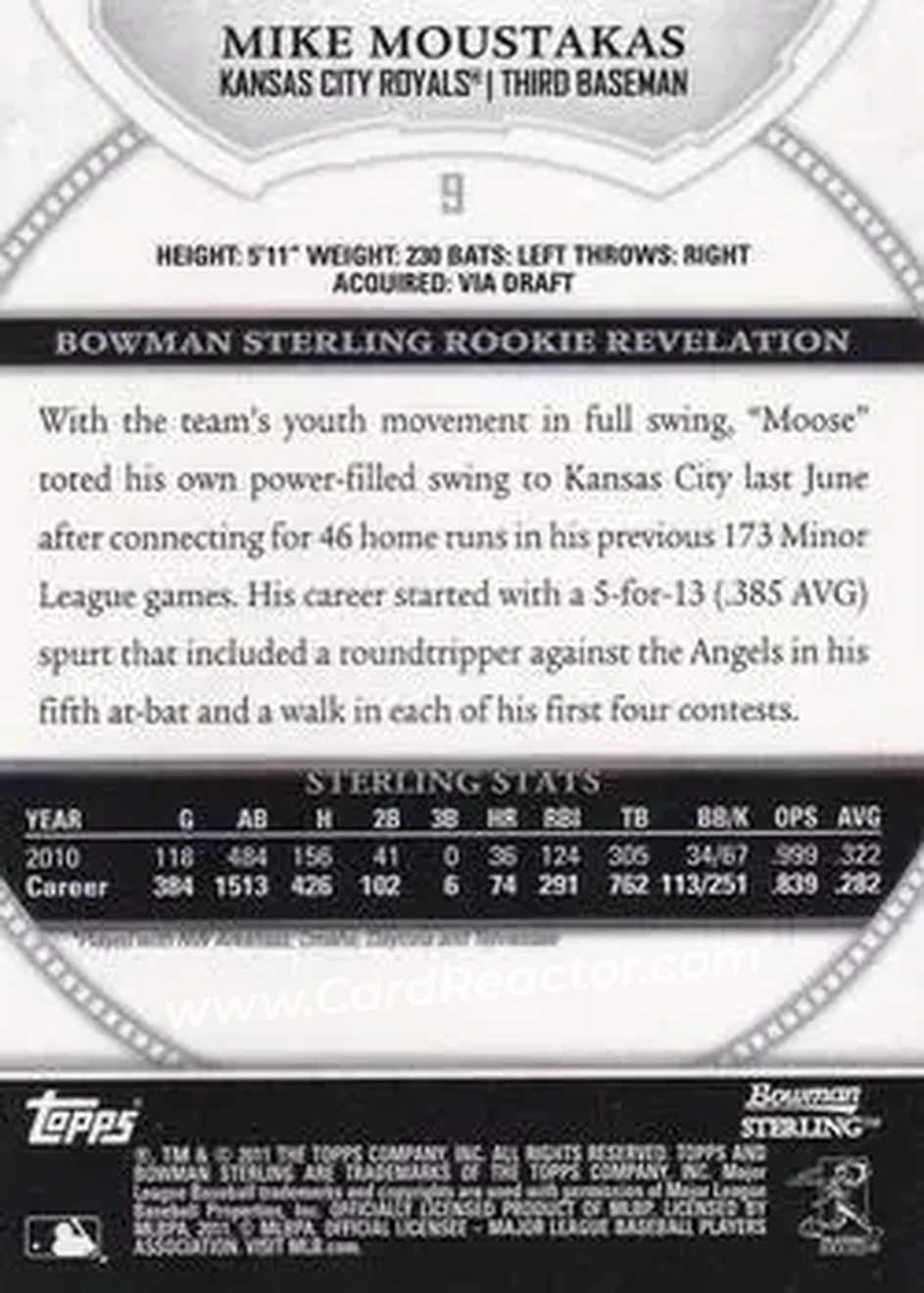 2011 Bowman Sterling #9 - Mike Moustakas - Kansas City Royals - Back