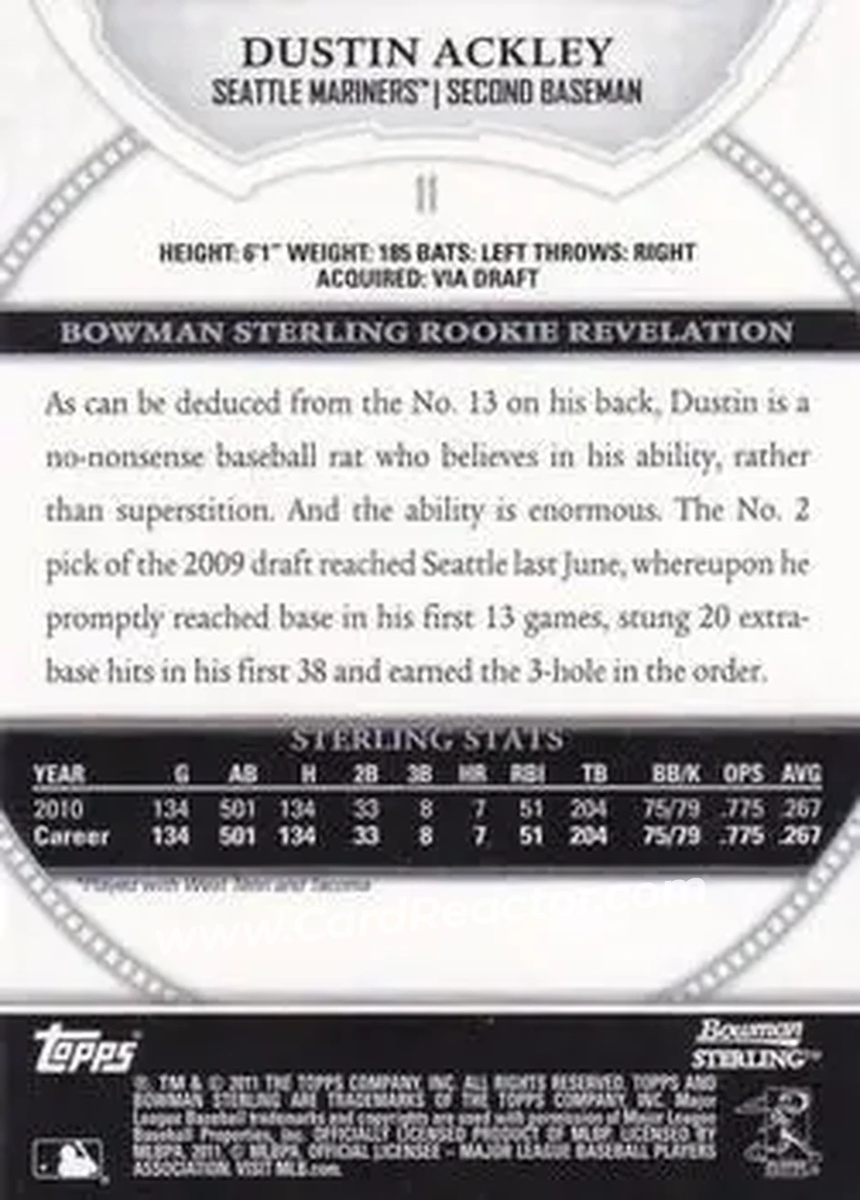 2011 Bowman Sterling #11 - Dustin Ackley - Seattle Mariners - Back