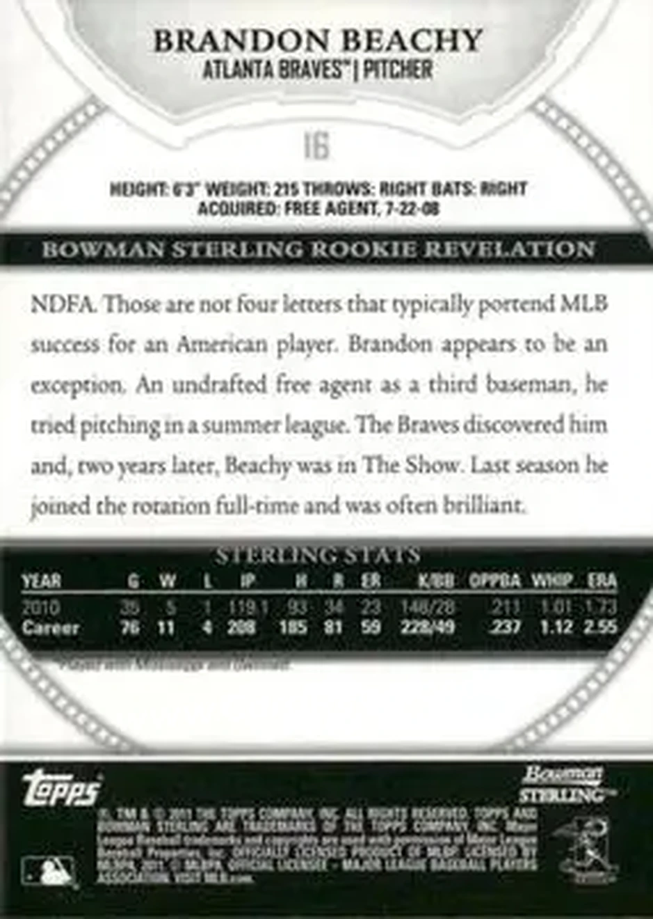 2011 Bowman Sterling #16 - Brandon Beachy - Atlanta Braves - Back 2011 Bowman Sterling #16 - Brandon Beachy - Atlanta Braves - Back