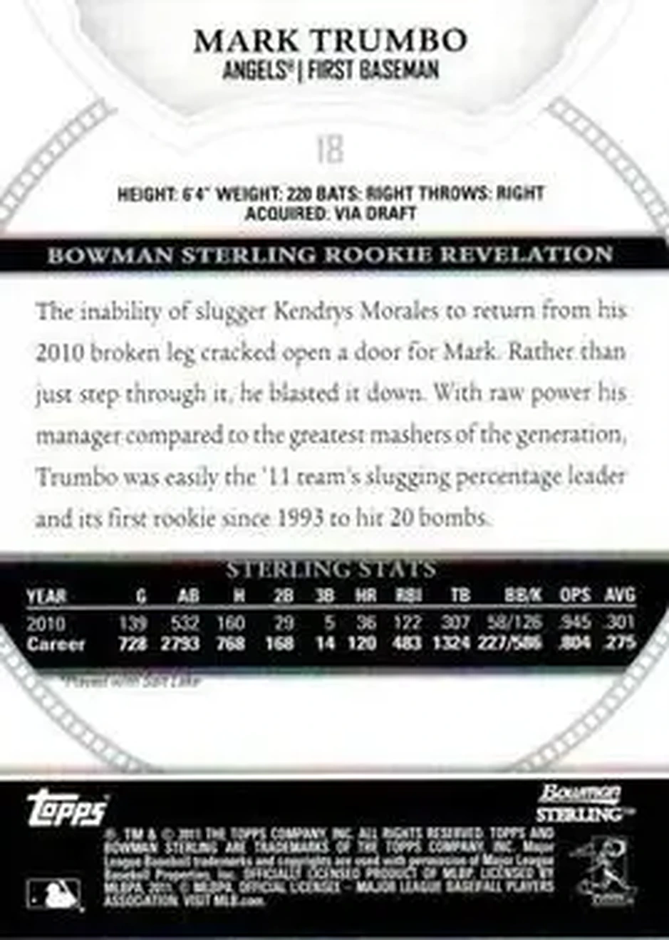 2011 Bowman Sterling #18 - Mark Trumbo - Los Angeles Angels - Back
