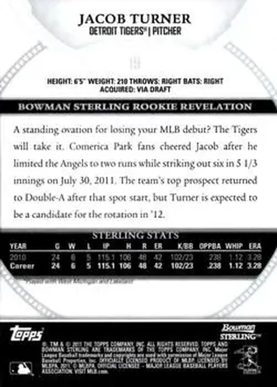 2011 Bowman Sterling #19 - Jacob Turner - Detroit Tigers - Back