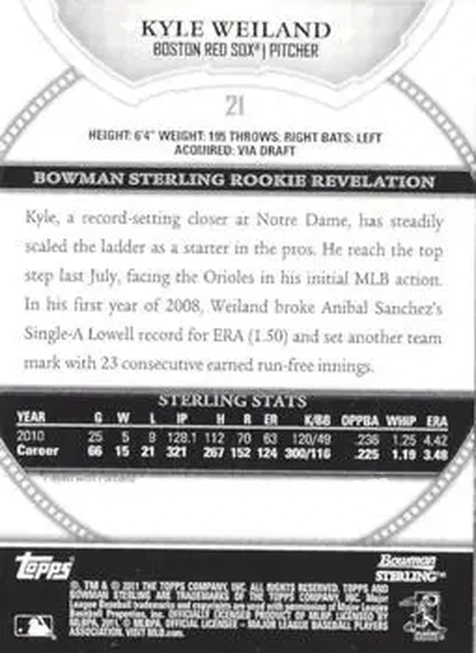 2011 Bowman Sterling #21 - Kyle Weiland - Boston Red Sox - Back