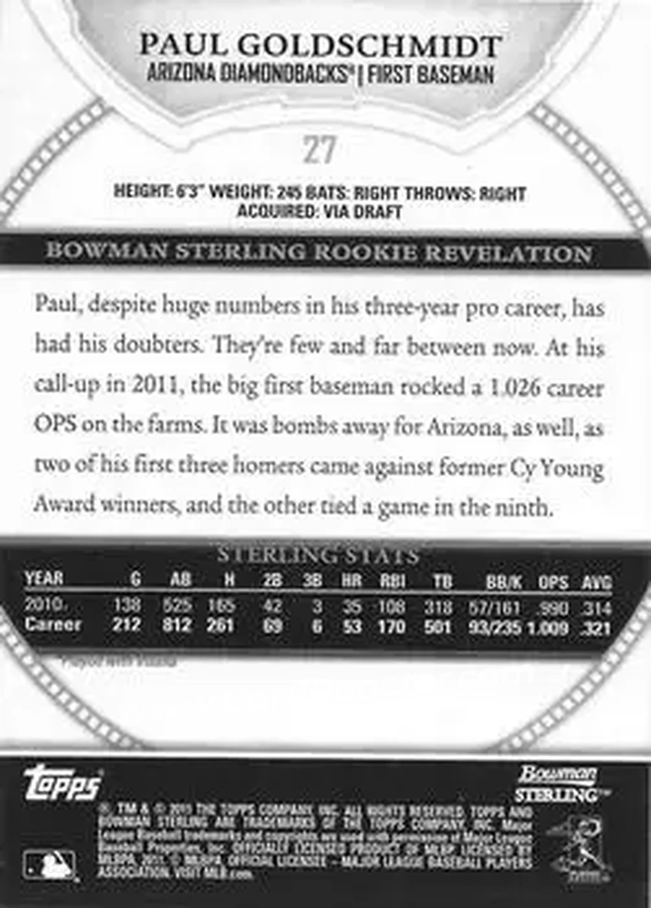 2011 Bowman Sterling #27 - Paul Goldschmidt - Arizona Diamondbacks - Back