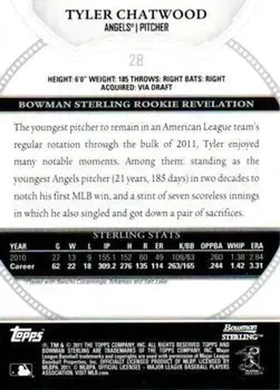 2011 Bowman Sterling #28 - Tyler Chatwood - Los Angeles Angels - Back 2011 Bowman Sterling #28 - Tyler Chatwood - Los Angeles Angels - Back