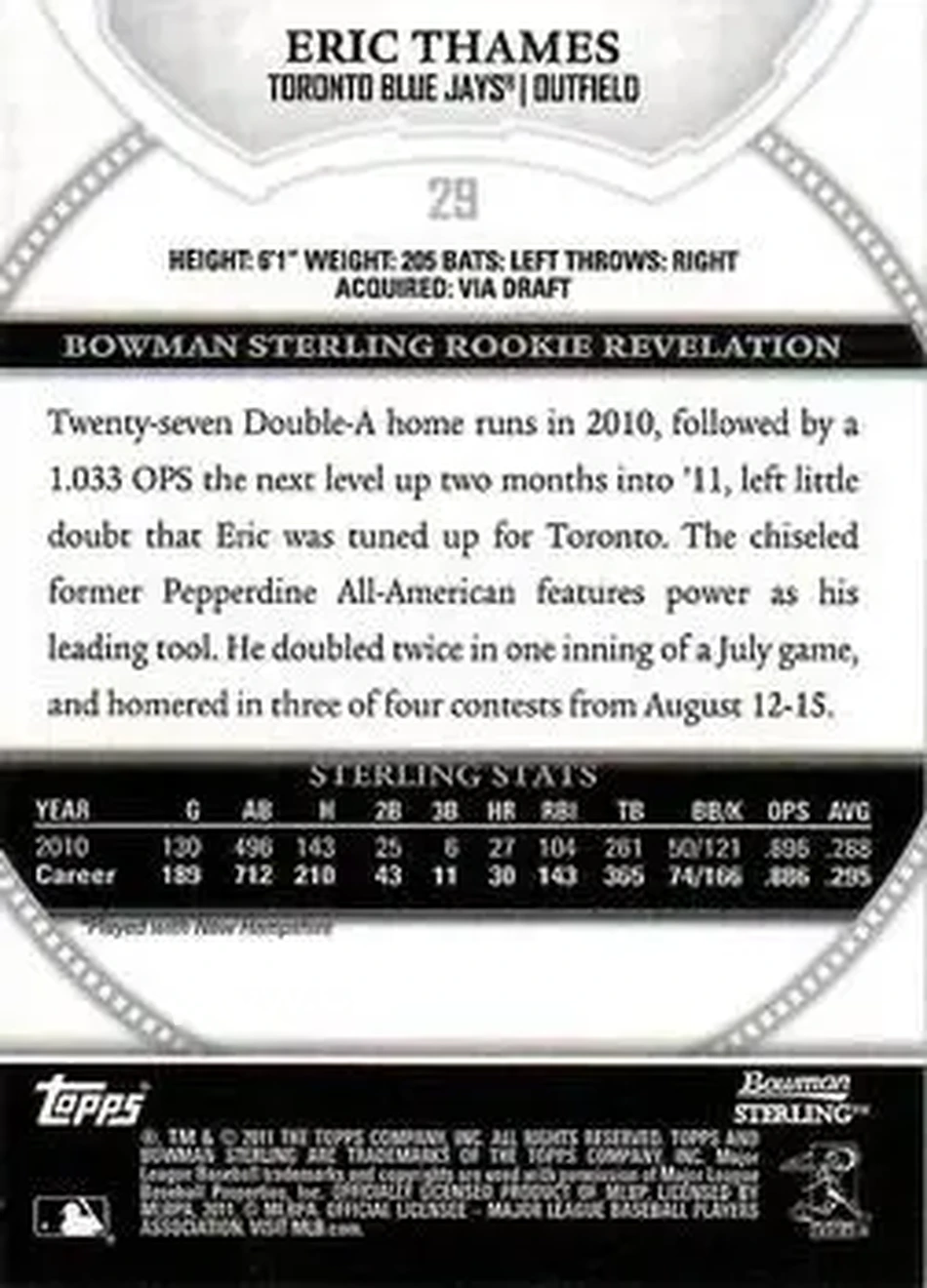 2011 Bowman Sterling #29 - Eric Thames - Toronto Blue Jays - Back
