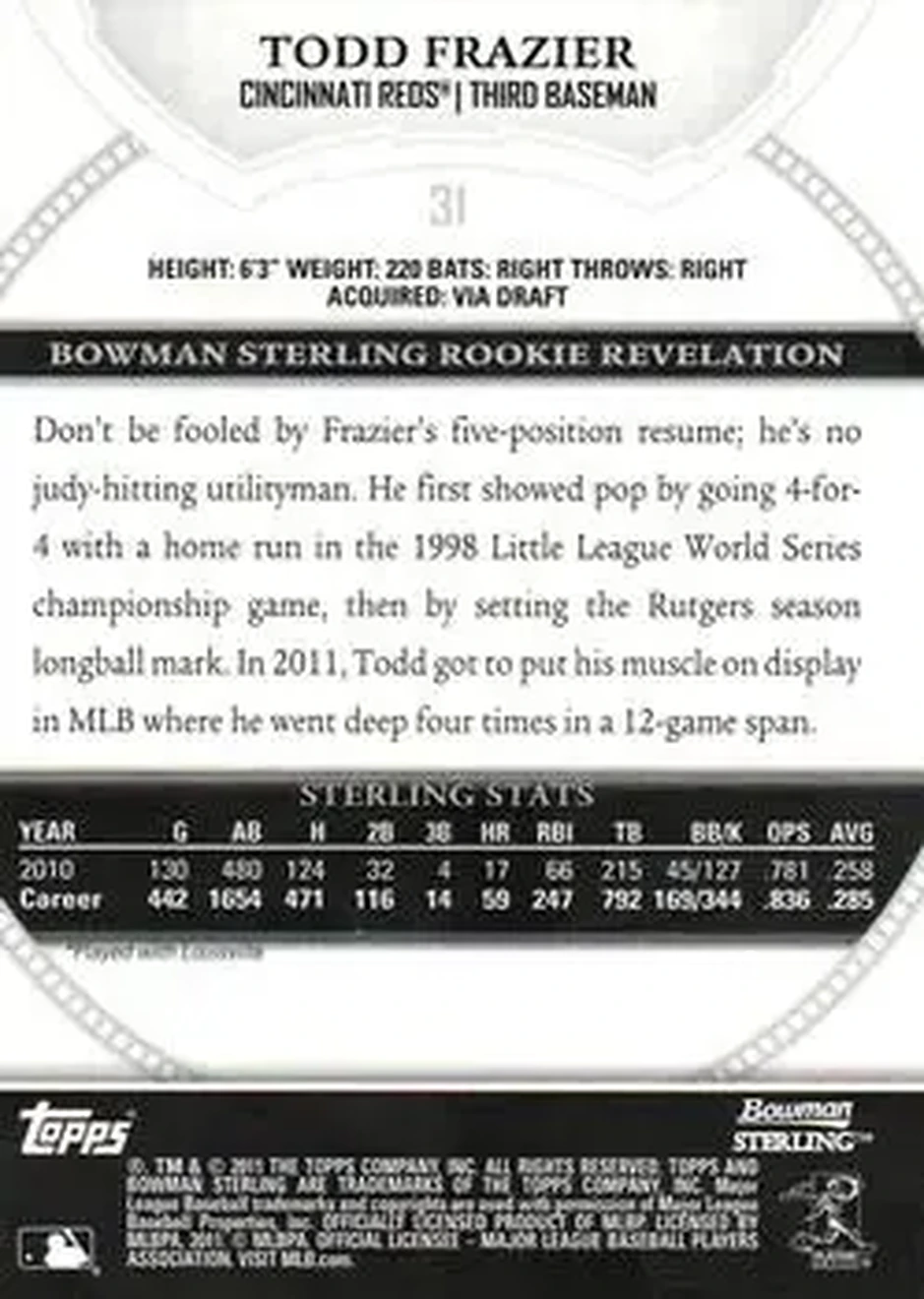 2011 Bowman Sterling #31 - Todd Frazier - Cincinnati Reds - Back