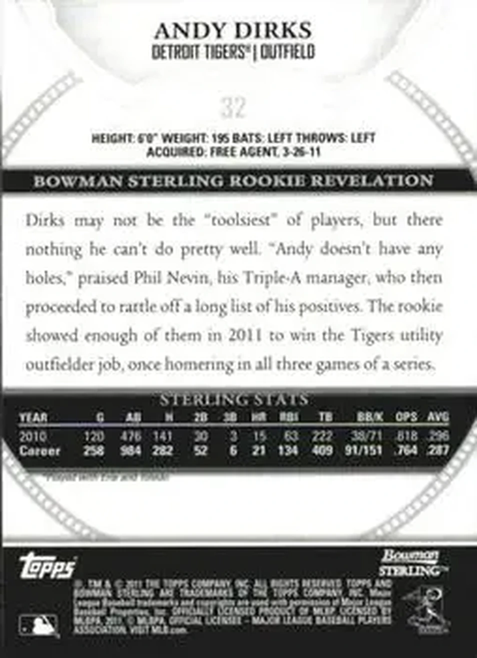 2011 Bowman Sterling #32 - Andy Dirks - Detroit Tigers - Back