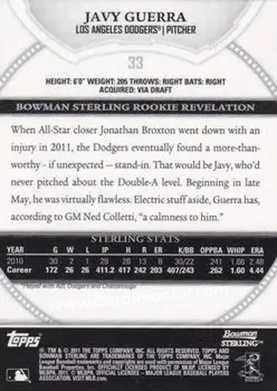 2011 Bowman Sterling #33 - Javy Guerra - Los Angeles Dodgers - Back
