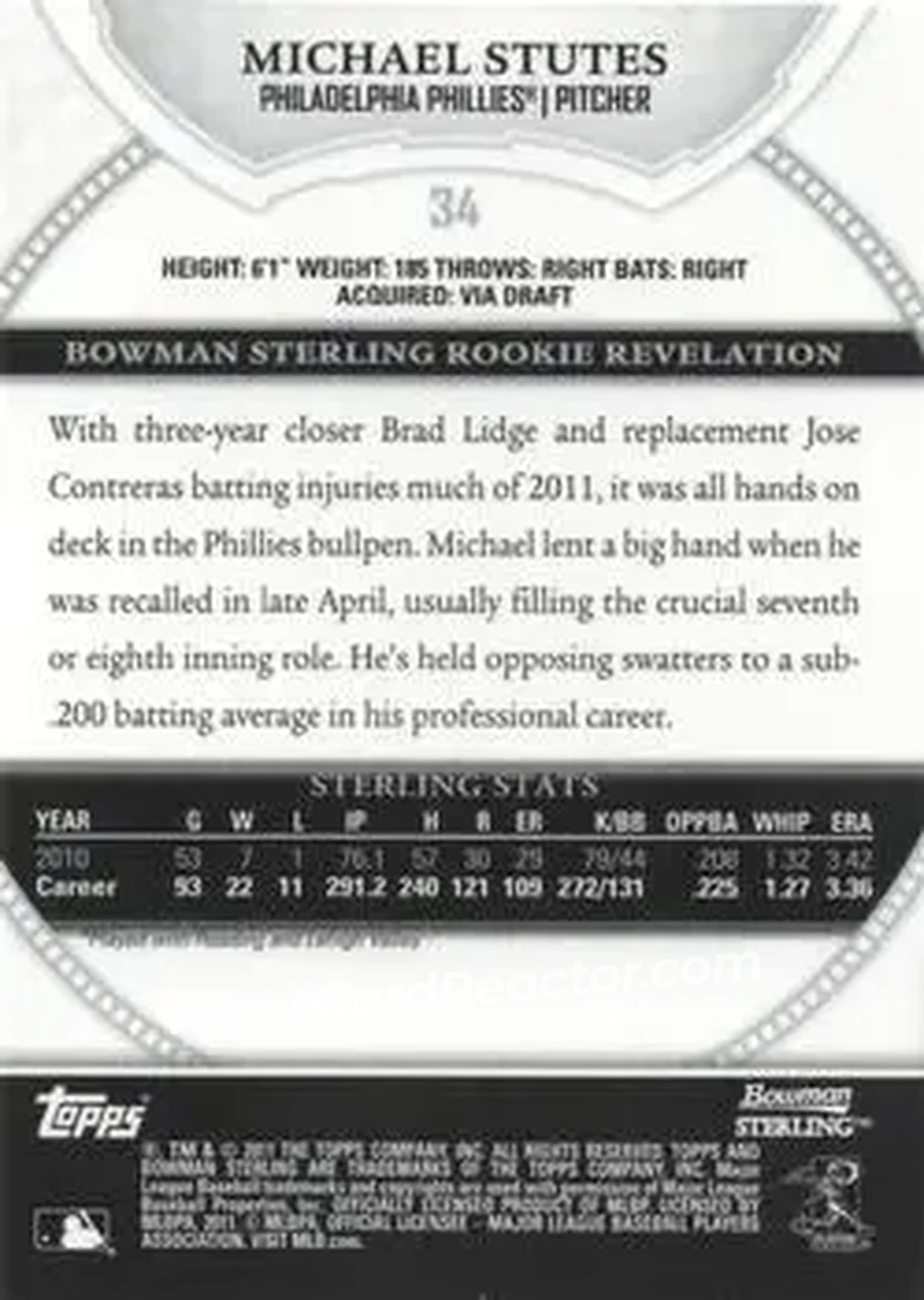 2011 Bowman Sterling #34 - Michael Stutes - Philadelphia Phillies - Back