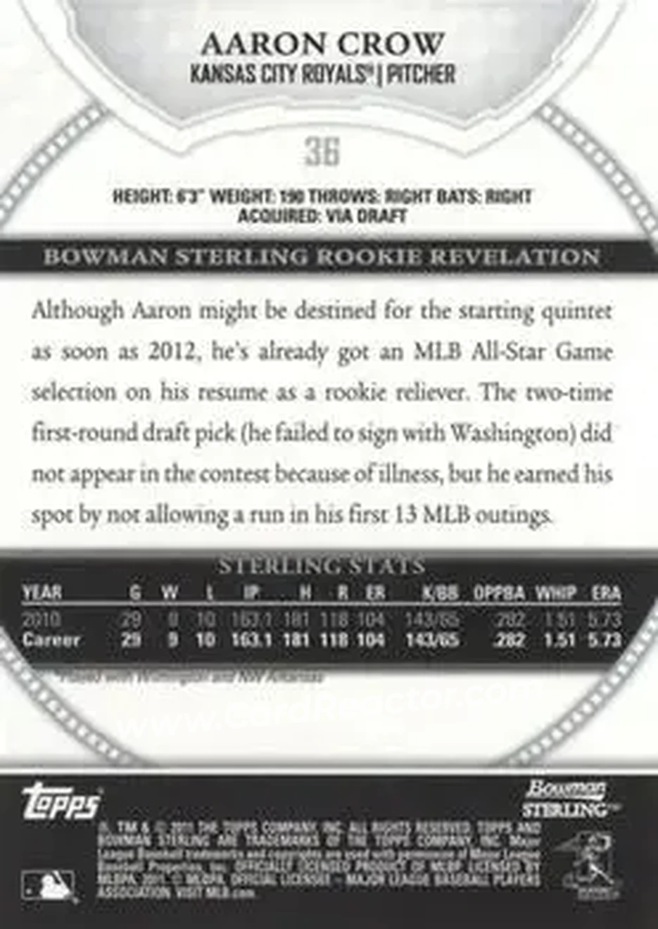 2011 Bowman Sterling #36 - Aaron Crow - Kansas City Royals - Back