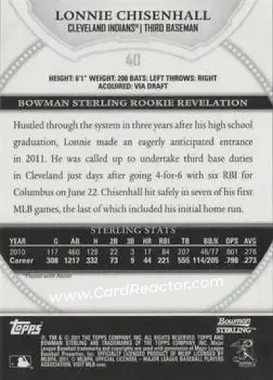 2011 Bowman Sterling #40 - Lonnie Chisenhall - Cleveland Indians - Back