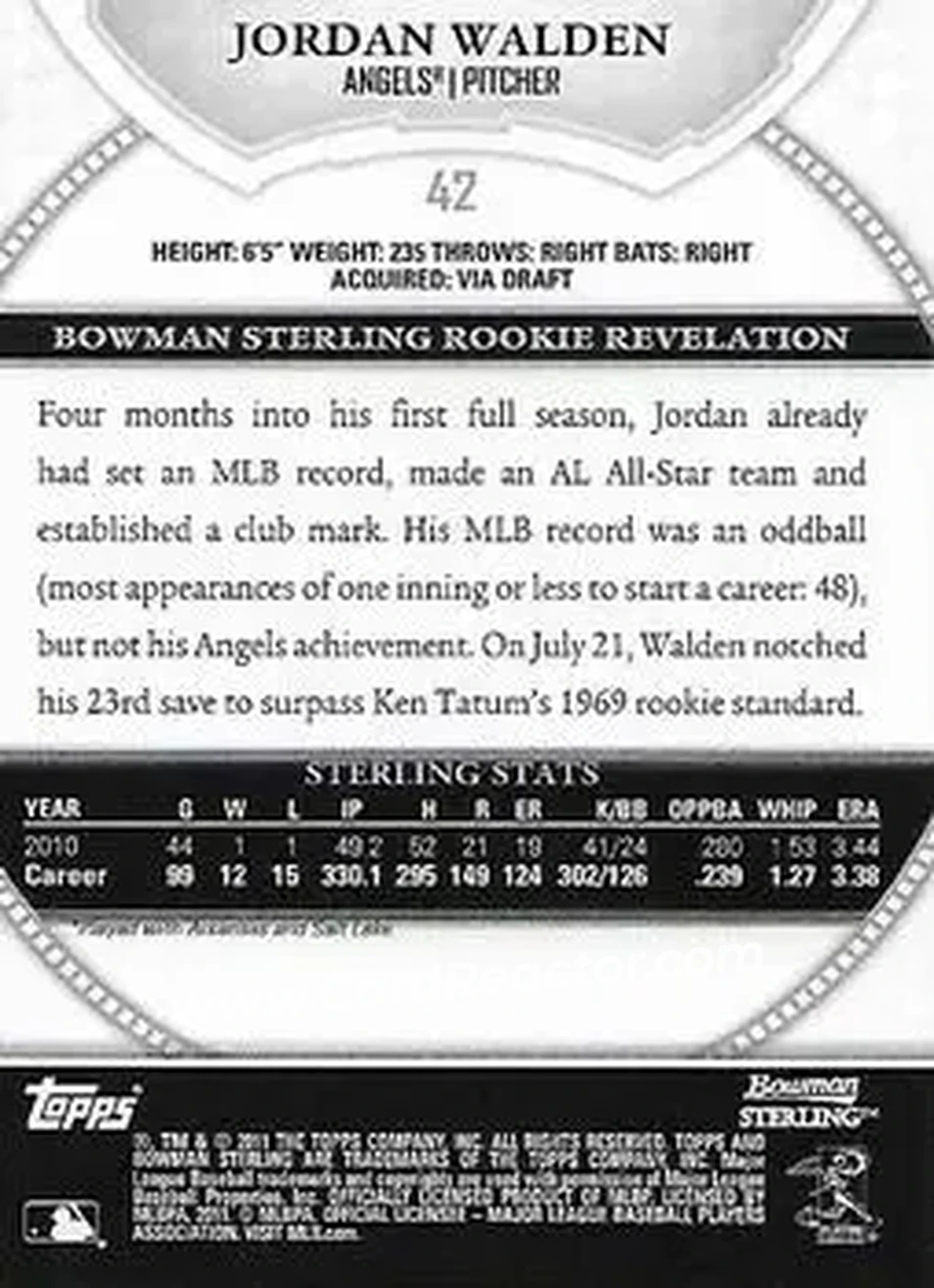 2011 Bowman Sterling #42 - Jordan Walden - Los Angeles Angels - Back