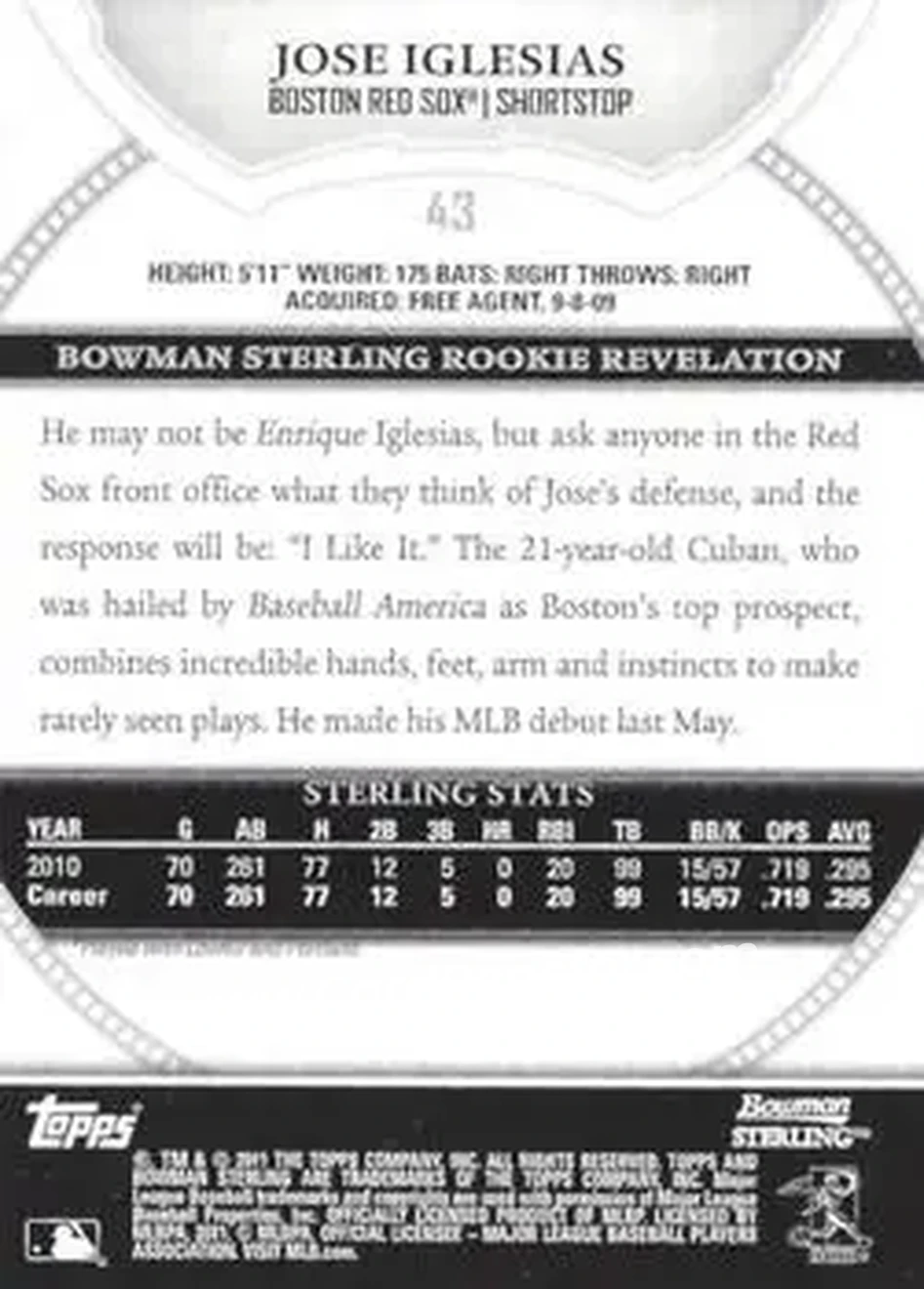 2011 Bowman Sterling #43 - Jose Iglesias - Boston Red Sox - Back
