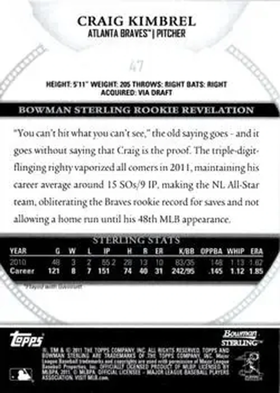 2011 Bowman Sterling #47 - Craig Kimbrel - Atlanta Braves - Back