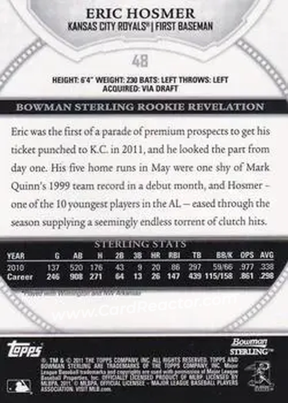 2011 Bowman Sterling #48 - Eric Hosmer - Kansas City Royals - Back