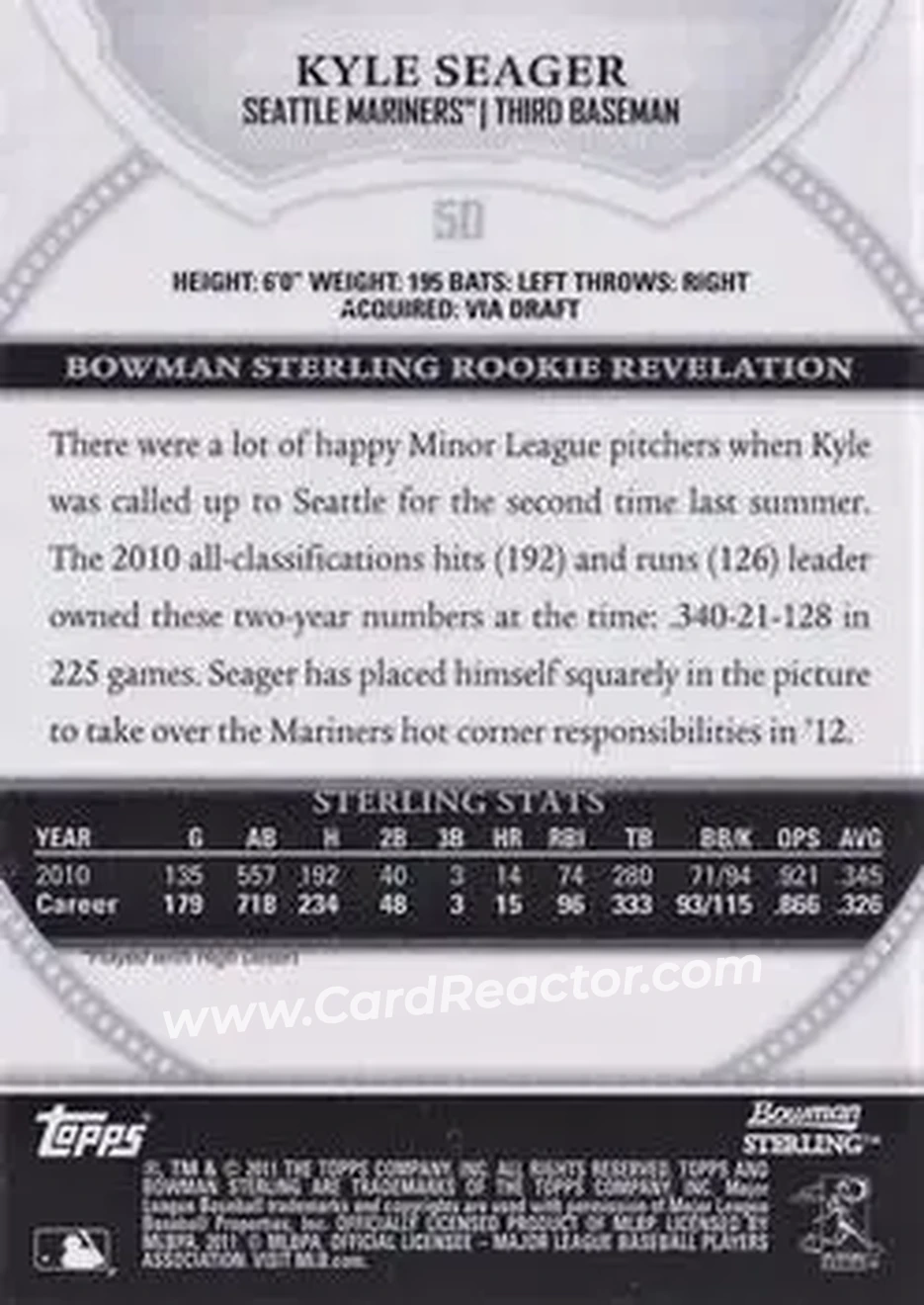 2011 Bowman Sterling #50 - Kyle Seager - Seattle Mariners - Back
