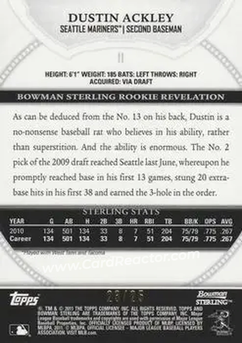 2011 Bowman Sterling - Black Refractors #11 - Dustin Ackley - Seattle Mariners - Back