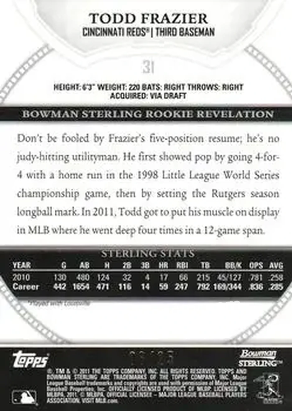 2011 Bowman Sterling - Black Refractors #31 - Todd Frazier - Cincinnati Reds - Back