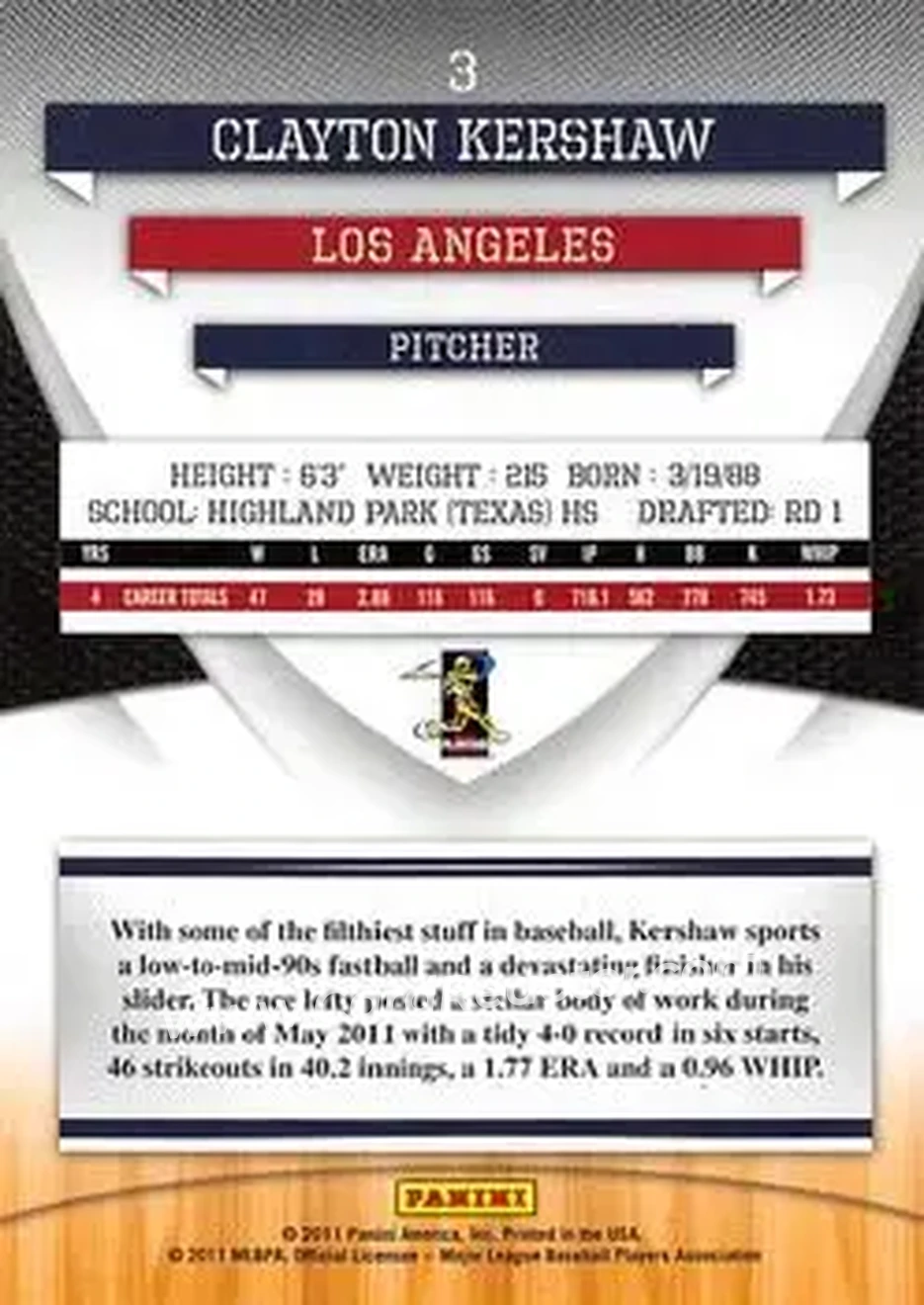 2011 Donruss Elite Extra Edition #3 - Clayton Kershaw - Los Angeles Dodgers - Back