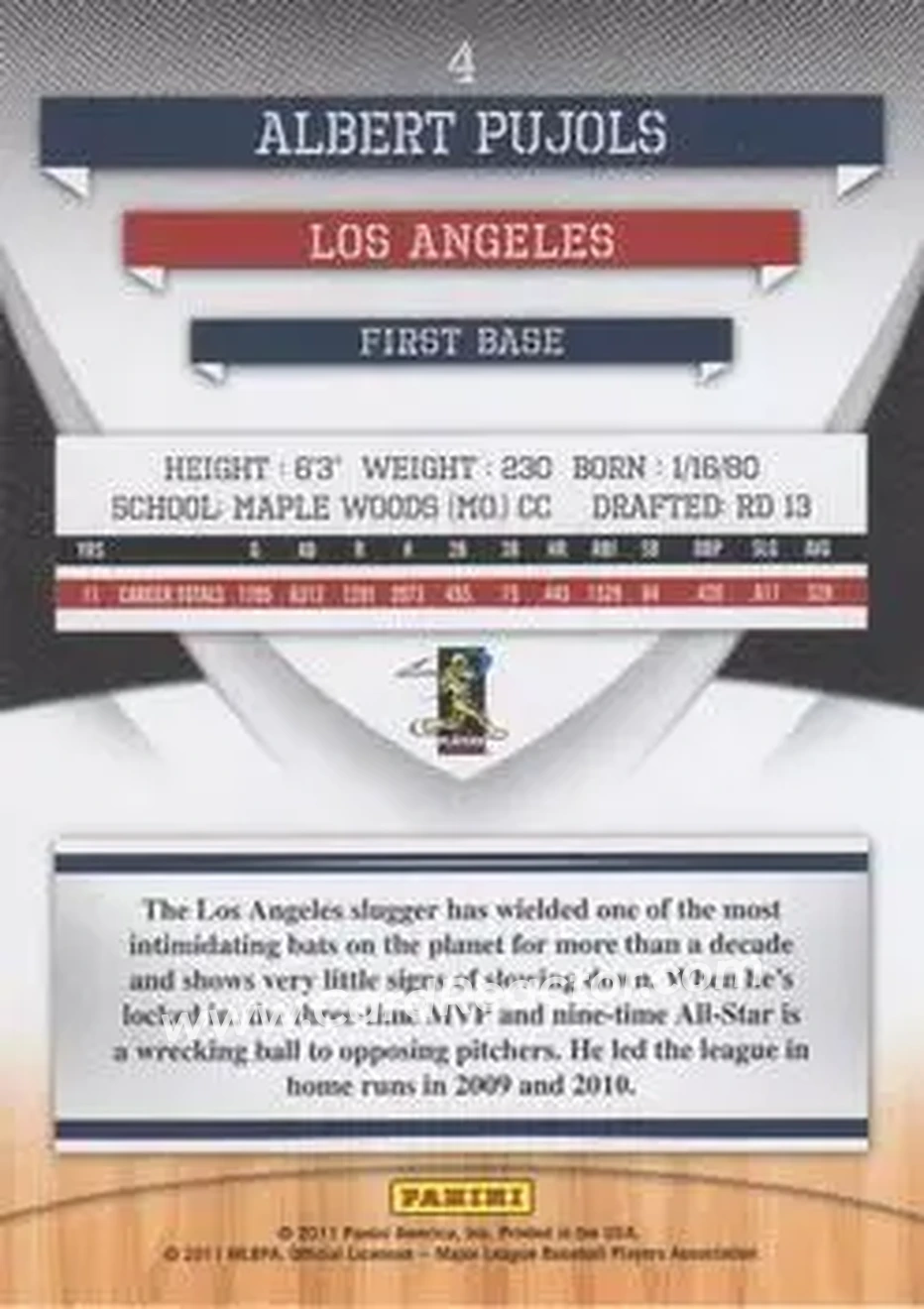 2011 Donruss Elite Extra Edition #4 - Albert Pujols - Los Angeles Angels - Back