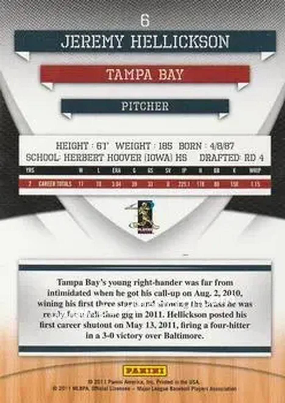 2011 Donruss Elite Extra Edition #6 - Jeremy Hellickson - Tampa Bay Rays - Back