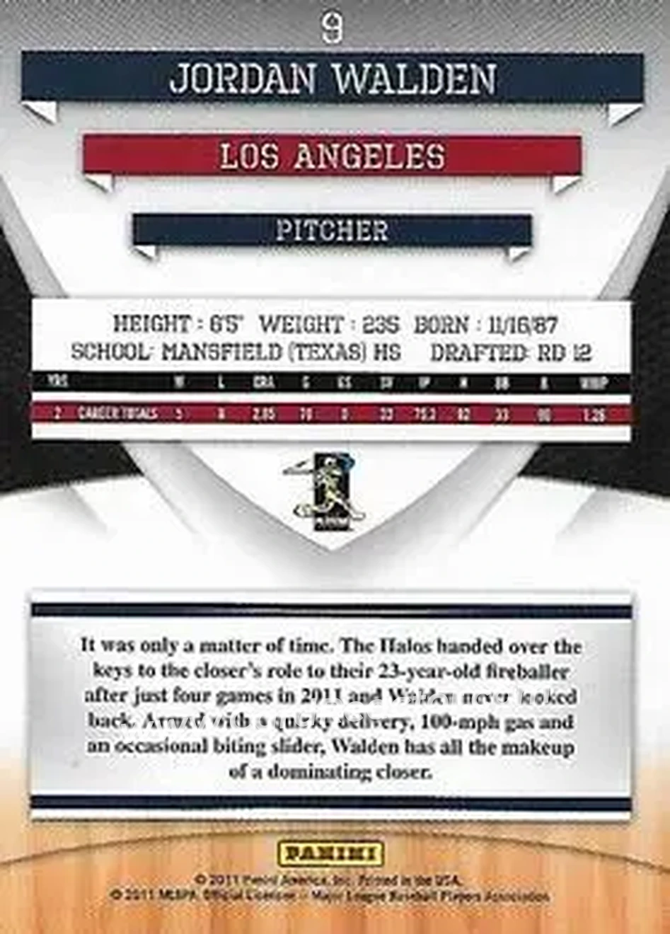 2011 Donruss Elite Extra Edition #9 - Jordan Walden - Los Angeles Angels - Back 2011 Donruss Elite Extra Edition #9 - Jordan Walden - Los Angeles Angels - Back