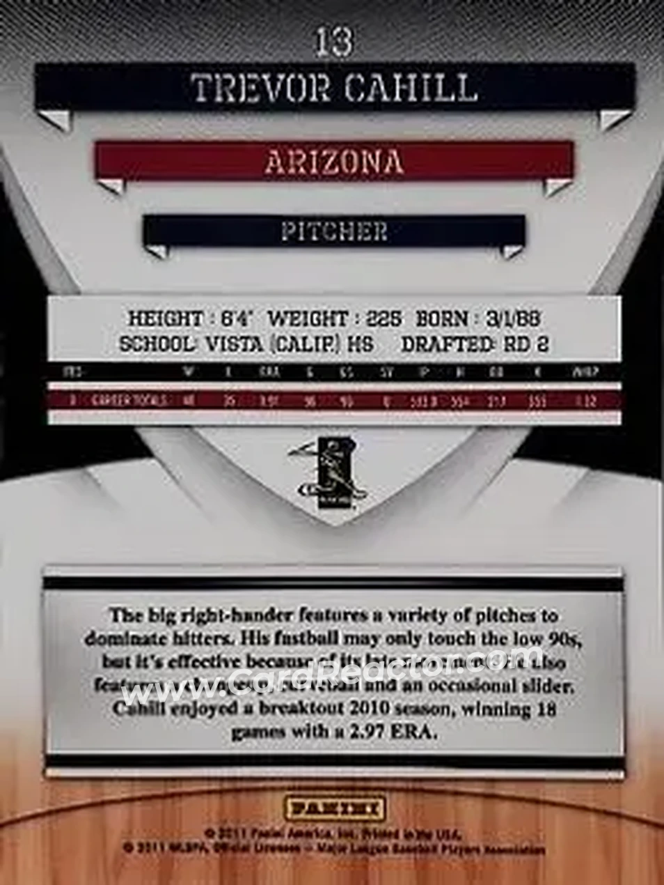 2011 Donruss Elite Extra Edition #13 - Trevor Cahill - Arizona Diamondbacks - Back 2011 Donruss Elite Extra Edition #13 - Trevor Cahill - Arizona Diamondbacks - Back