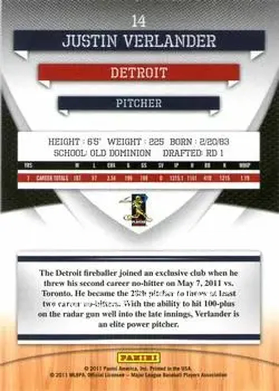 2011 Donruss Elite Extra Edition #14 - Justin Verlander - Detroit Tigers - Back
