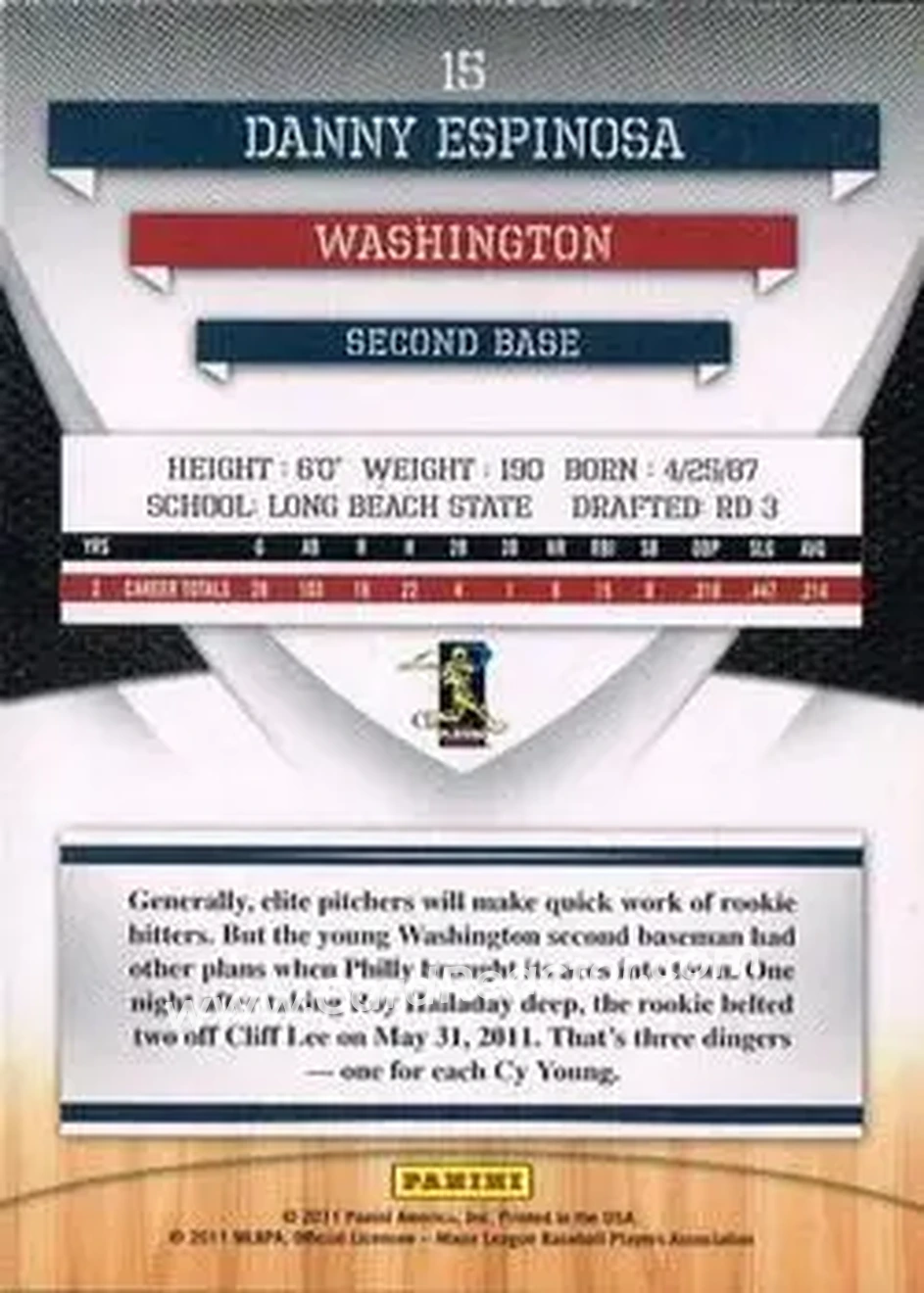 2011 Donruss Elite Extra Edition #15 - Danny Espinosa - Washington Nationals - Back