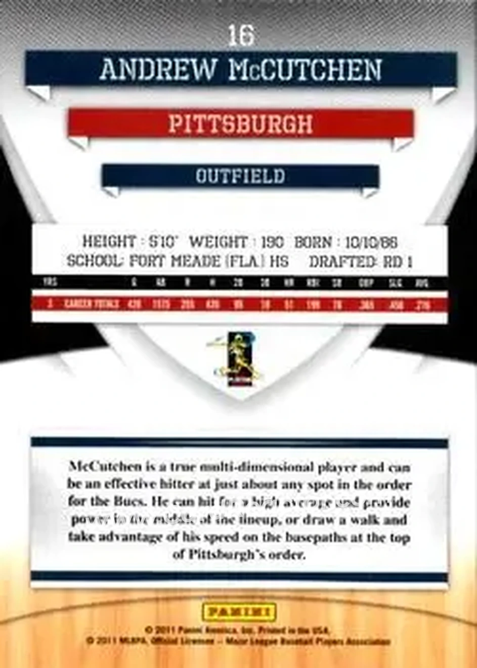 2011 Donruss Elite Extra Edition #16 - Andrew McCutchen - Pittsburgh Pirates - Back