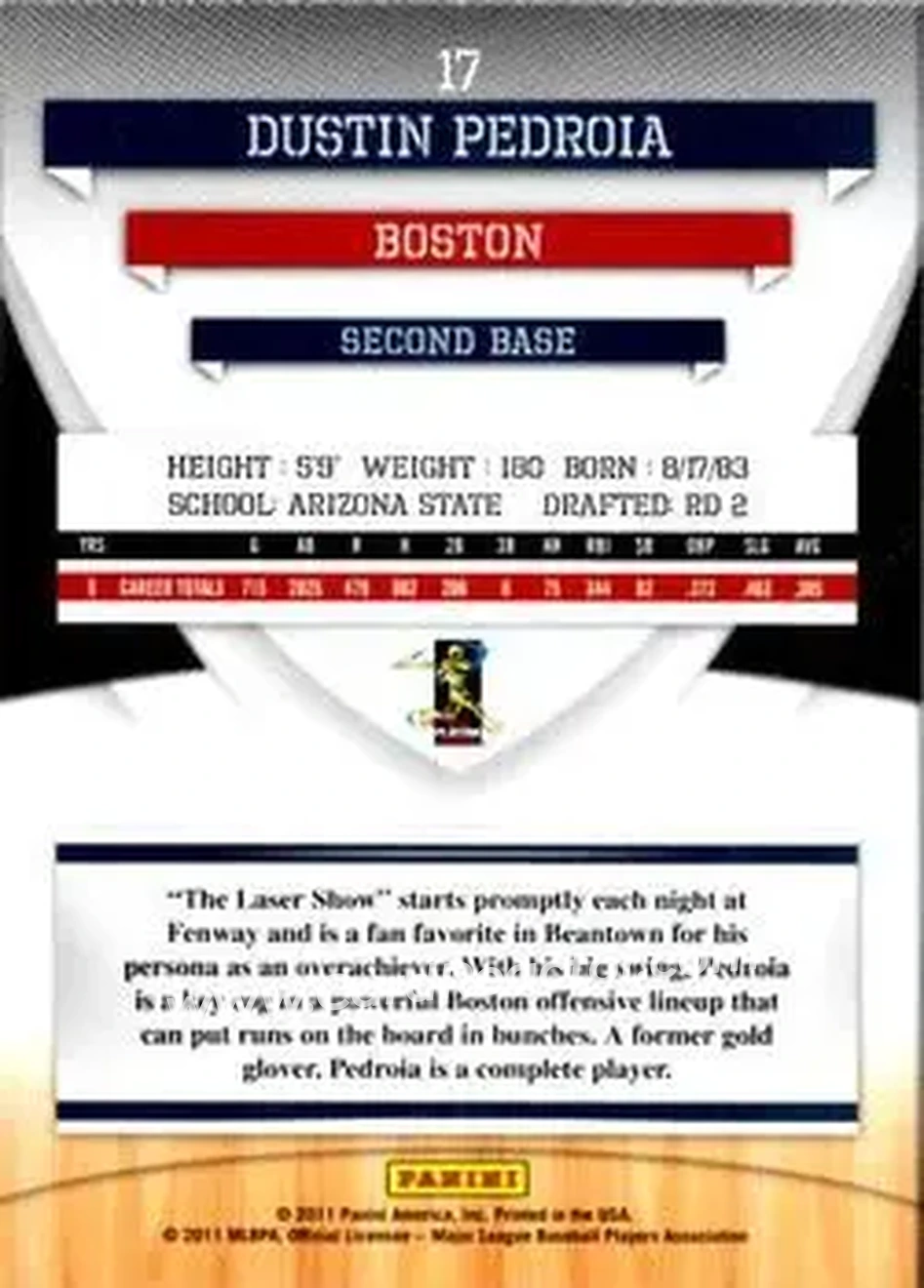 2011 Donruss Elite Extra Edition #17 - Dustin Pedroia - Boston Red Sox - Back